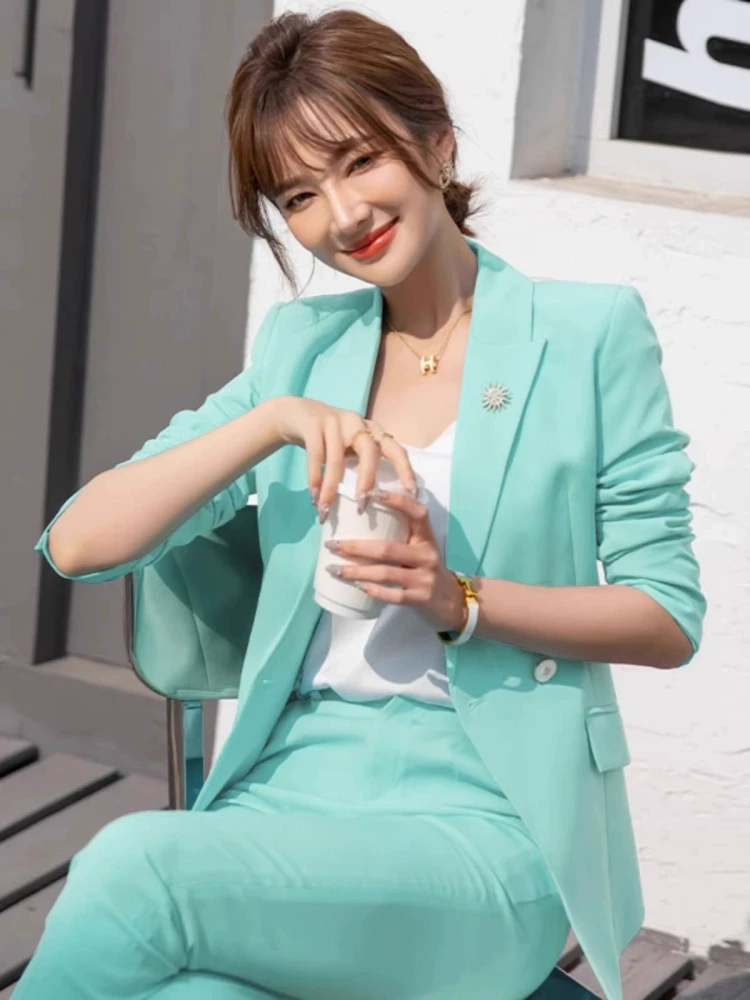 9106湖蓝色小香风西装外套女春季新款设计感风显瘦九分裤西服套装