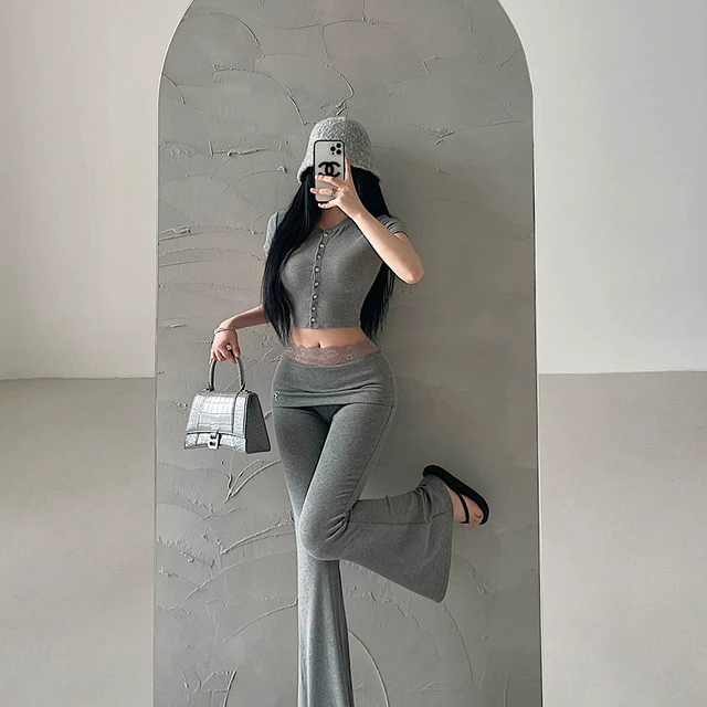 YoungGirlDay纯欲风单排扣短袖开衫烫钻蕾丝高腰喇叭休闲长裤套装