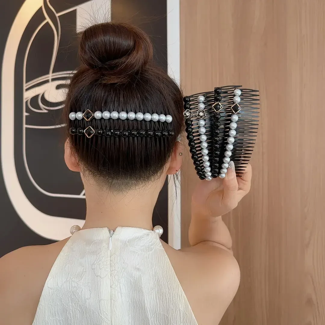 E时尚百搭加长款24齿珠珠碎发倒插梳刘海碎发神器黑色发卡