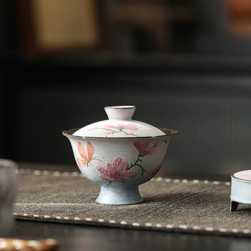 二才盖碗茶杯单个手绘玉兰高档女士专用泡茶带盖茶碗功夫茶具新款