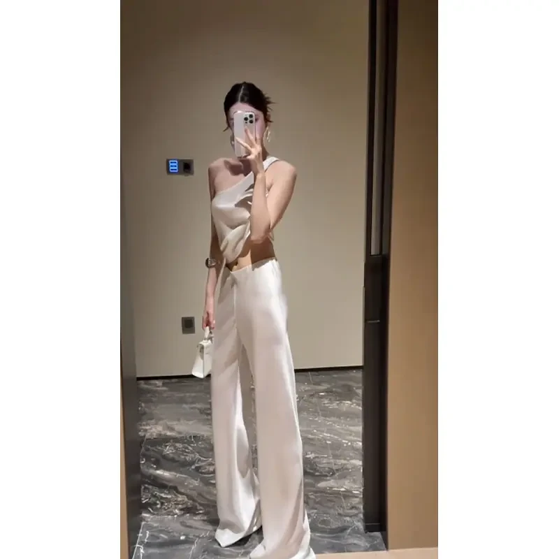 套装女生夏季新款气质绑带收腰斜肩背心垂坠感休闲裤拖地阔腿裤