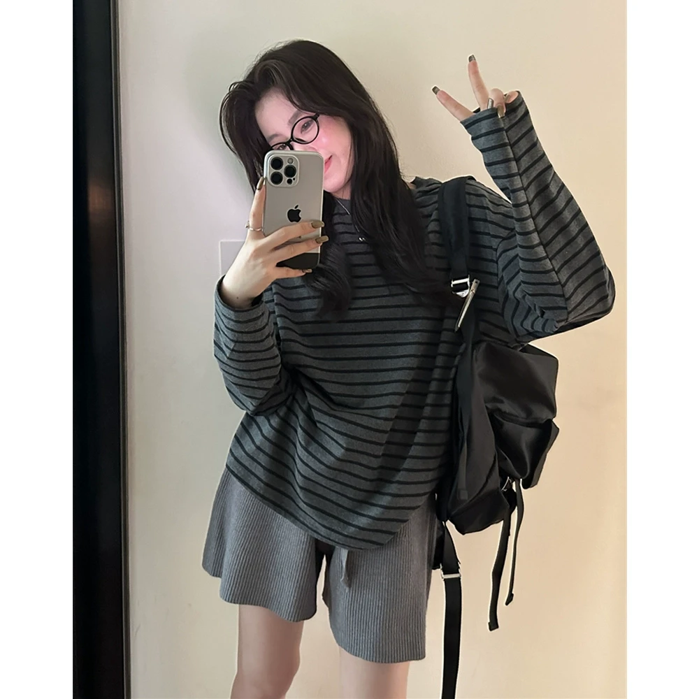 6903--完--条纹长袖t恤宽松慵懒风韩系上衣春秋季洋气内搭打底衫