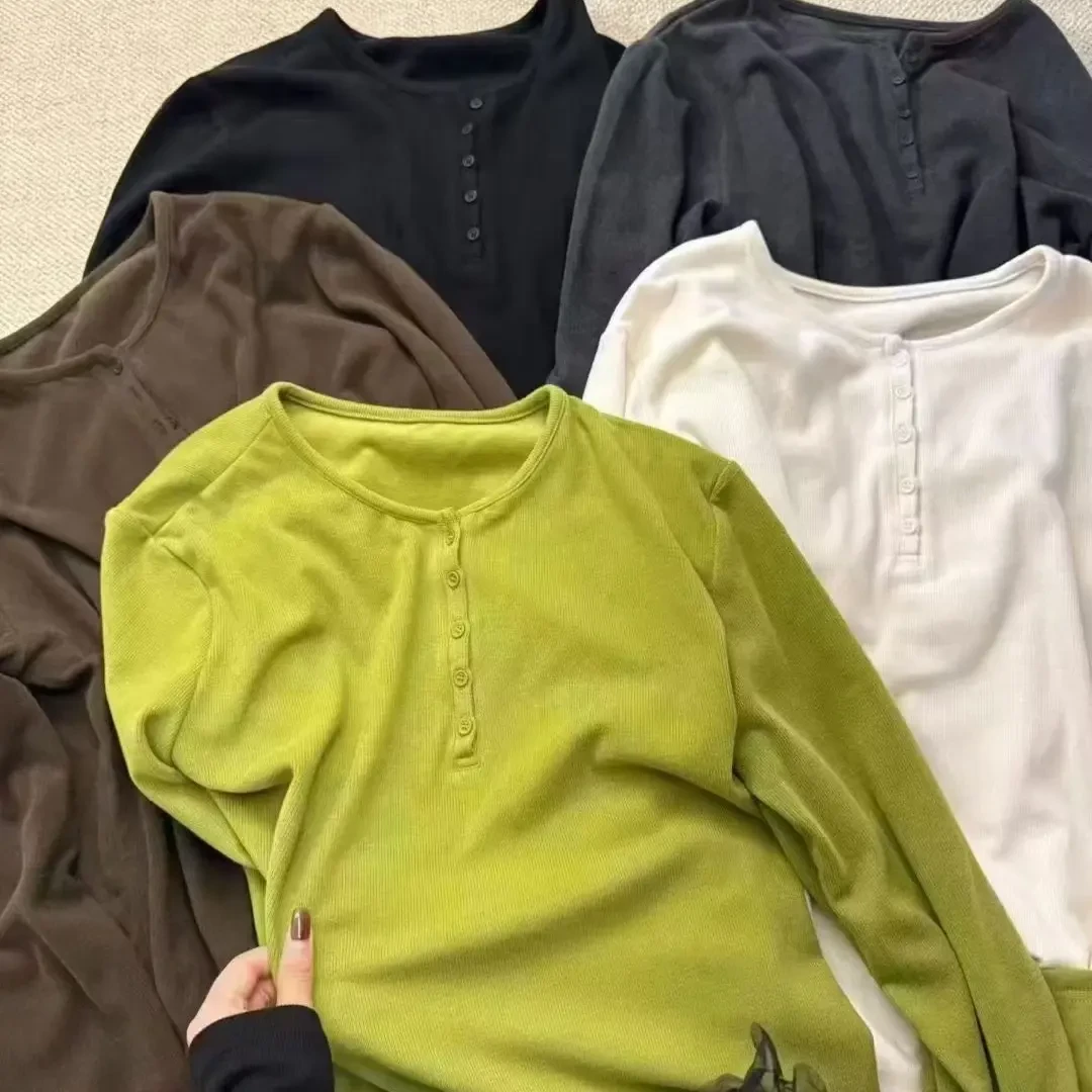 半开扣长袖抓绒加厚打底T恤秋冬女款软糯亲肤