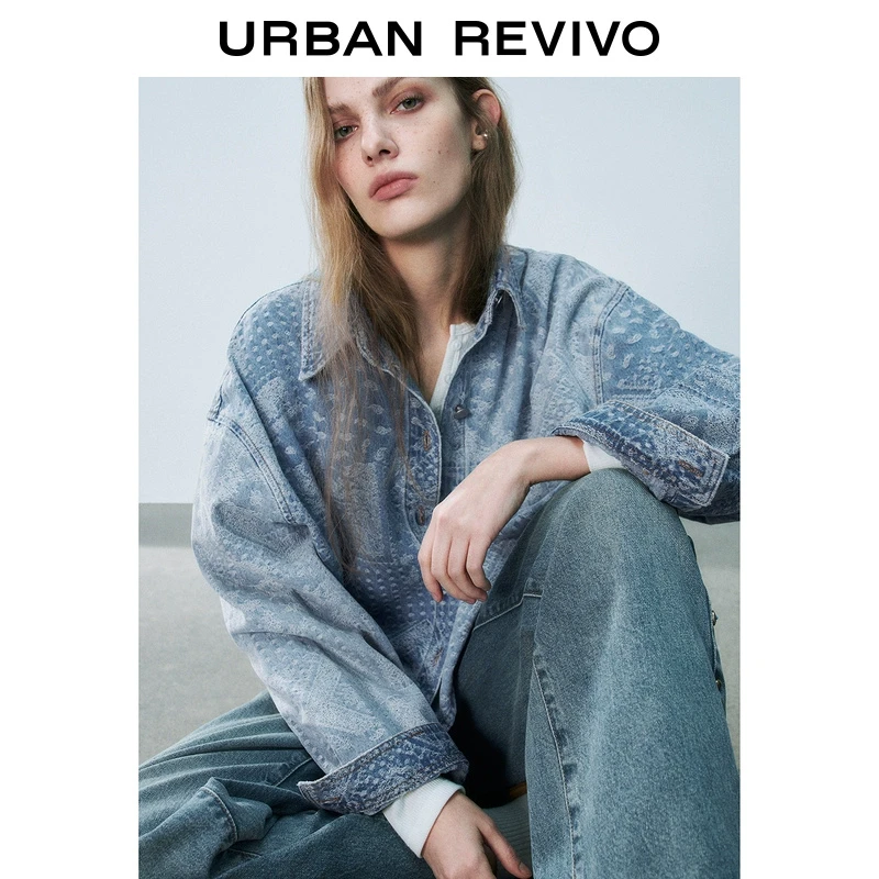 UR2025春季新品女装欧若风提花棉质短款水洗牛仔衬衫UYL850019