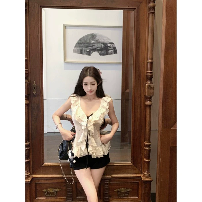 巧克少女甜美风波点荷叶边无袖背心女装夏季新款气质修身收腰上衣
