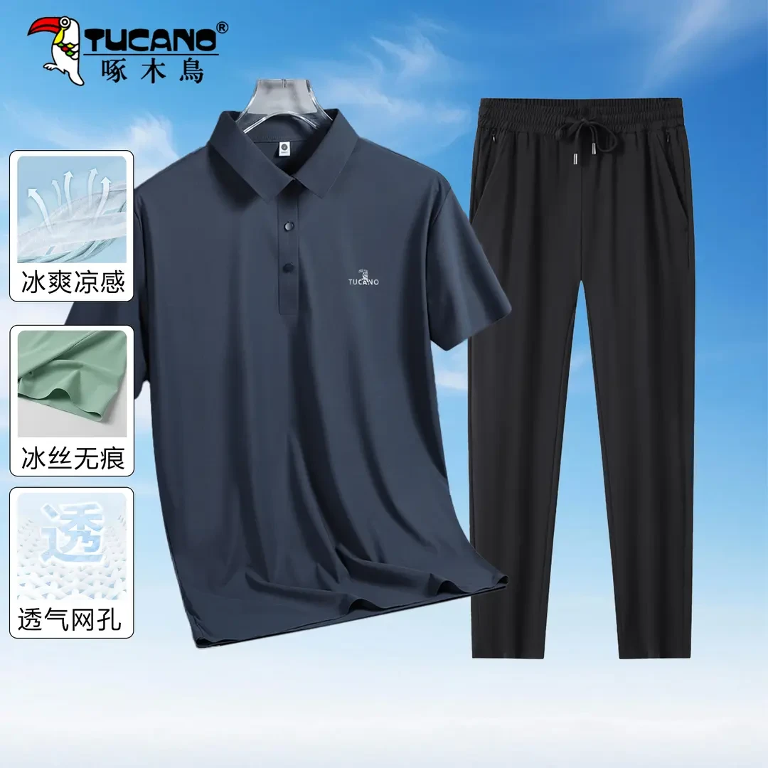 啄木鸟冰丝套装中老年休闲短袖POLO衫男冰丝裤爸爸装父亲节礼物