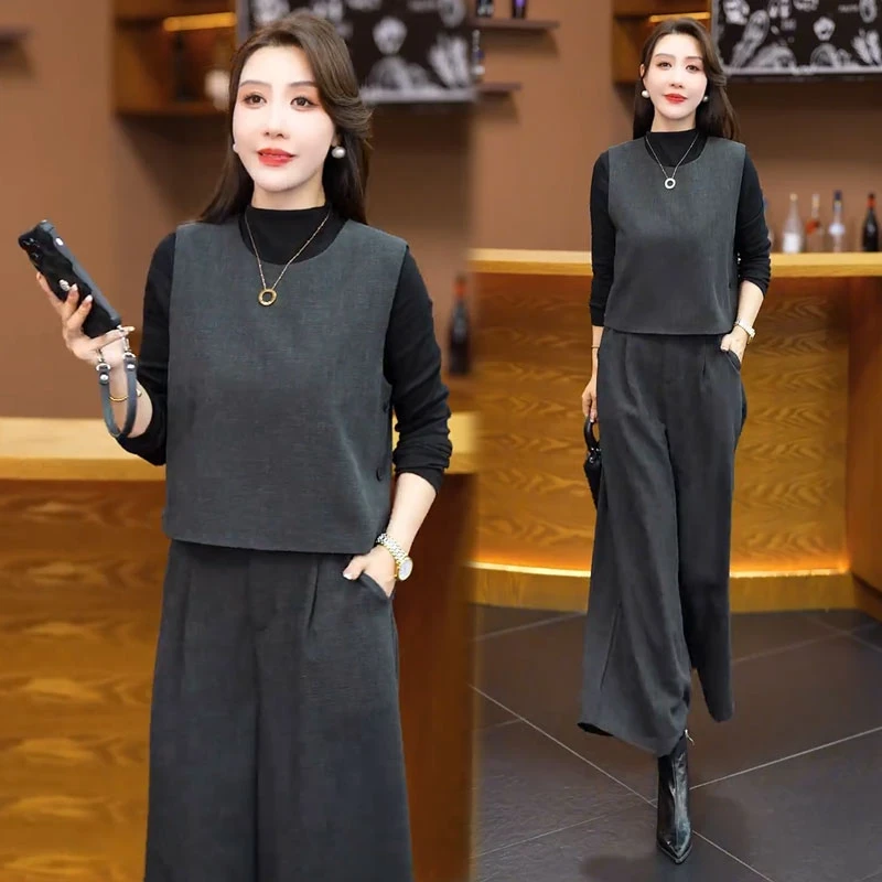 时尚休闲套装女2025秋季新款轻熟风马甲半高领打底衫阔腿裤三件套