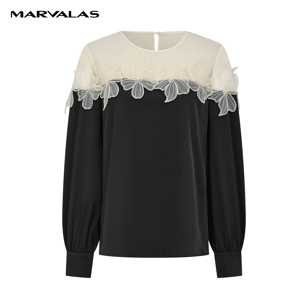 【籽言专属】曼德诗设计感小衫春装新款提花网纱拼接雪纺衫女