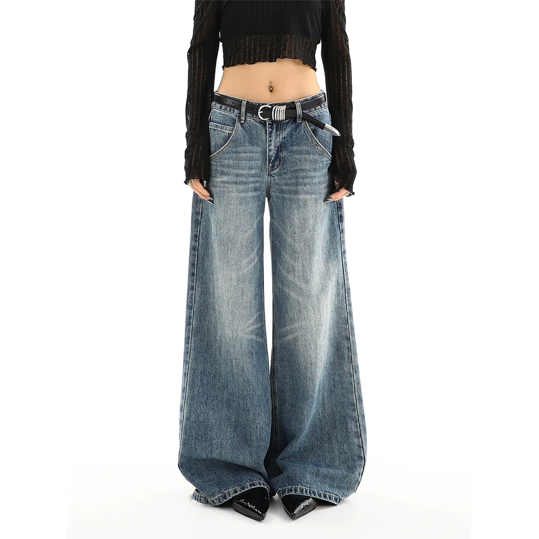 辣妹低腰直筒牛仔裤女春季2025新款复古水洗做旧宽松阔腿拖地长裤