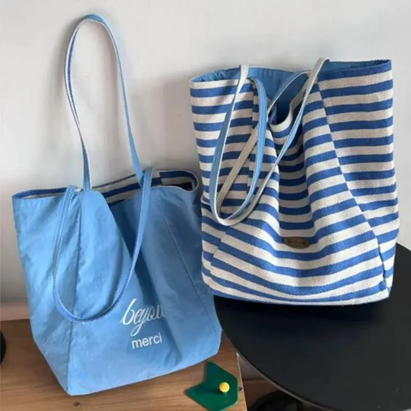 2025春夏条纹帆布袋韩国ins慵懒风托特包学生大容量休闲单肩包女