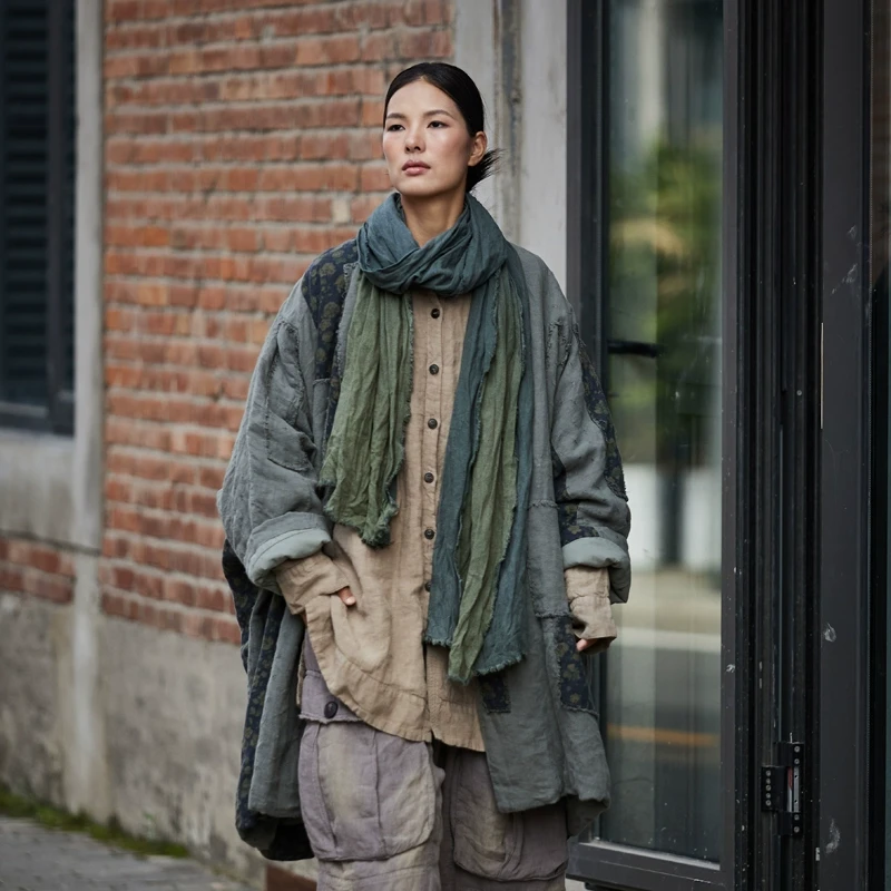 麻依者原创设计 2024冬季新款植物染流浪风拼接亚麻棉服 M-024