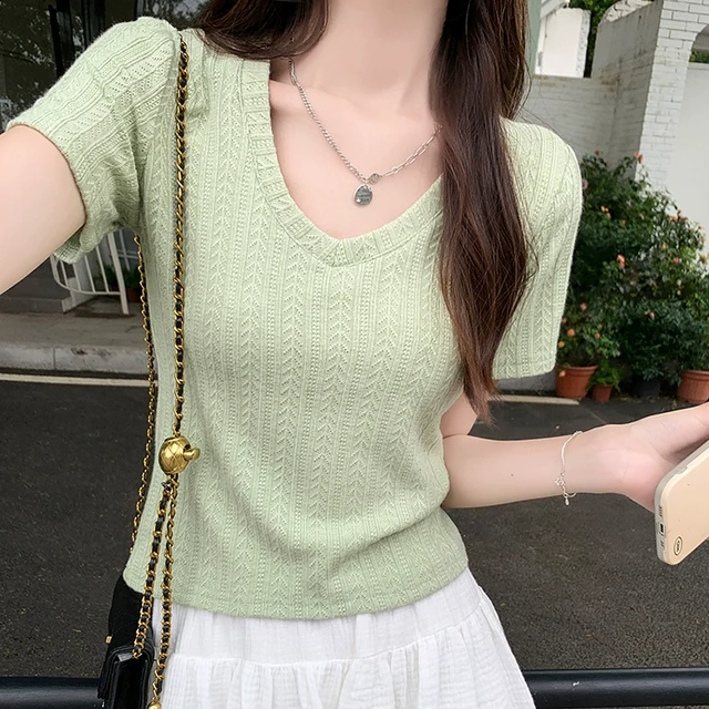 v领正肩t恤女短袖夏季设计感小众别致独特绝美修身短款打底衫上衣