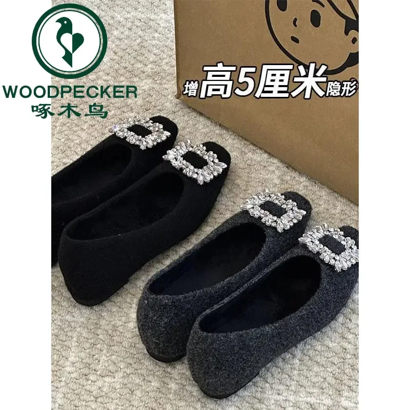 啄木鸟隐形增高5cm韩系仙女浅口水钻毛呢单鞋女气质冬外穿毛毛鞋9