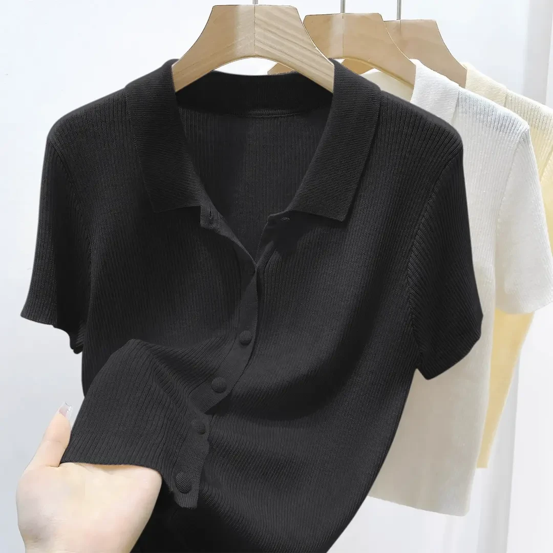 夏季薄款POLO领纯色短袖T恤上衣2025年夏季新款宽松针织开衫女装