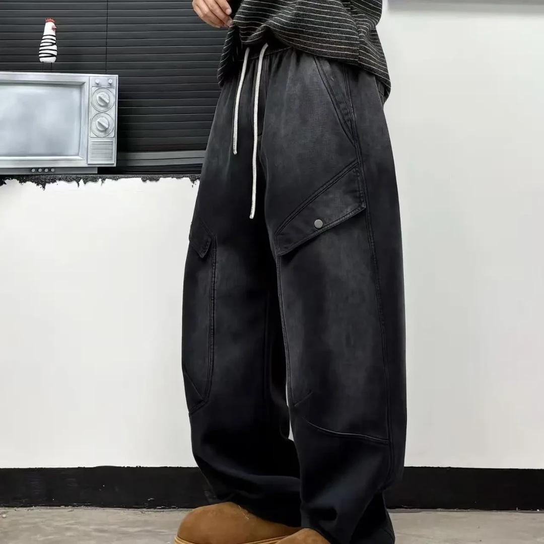 秋冬季男士加绒加厚脏洗弯刀裤多口袋宽松阔腿百搭休闲工装长裤