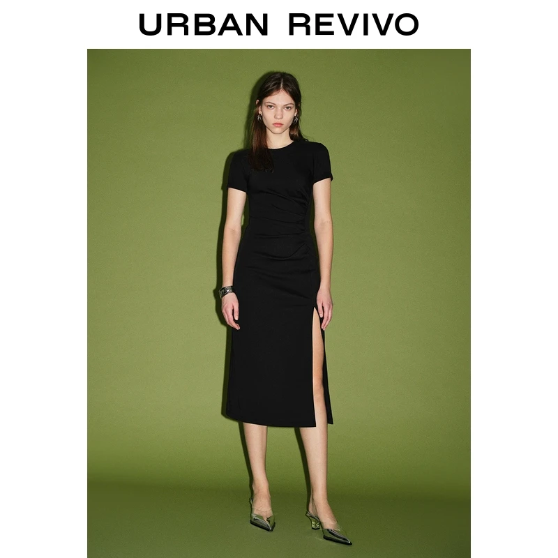 UR2025春季新款女装简约褶皱开衩修身短袖连衣裙UWM750016