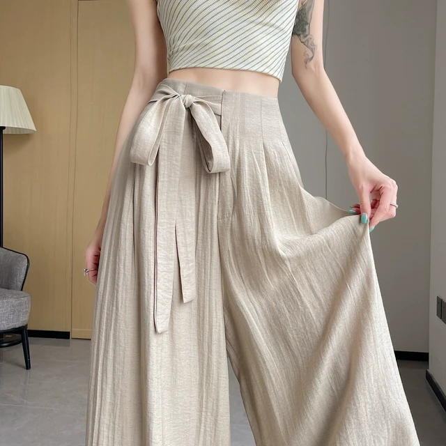 绑带棉麻裤裙女夏季薄款2025新款冰丝阔腿裤小个子宽松休闲九分裤