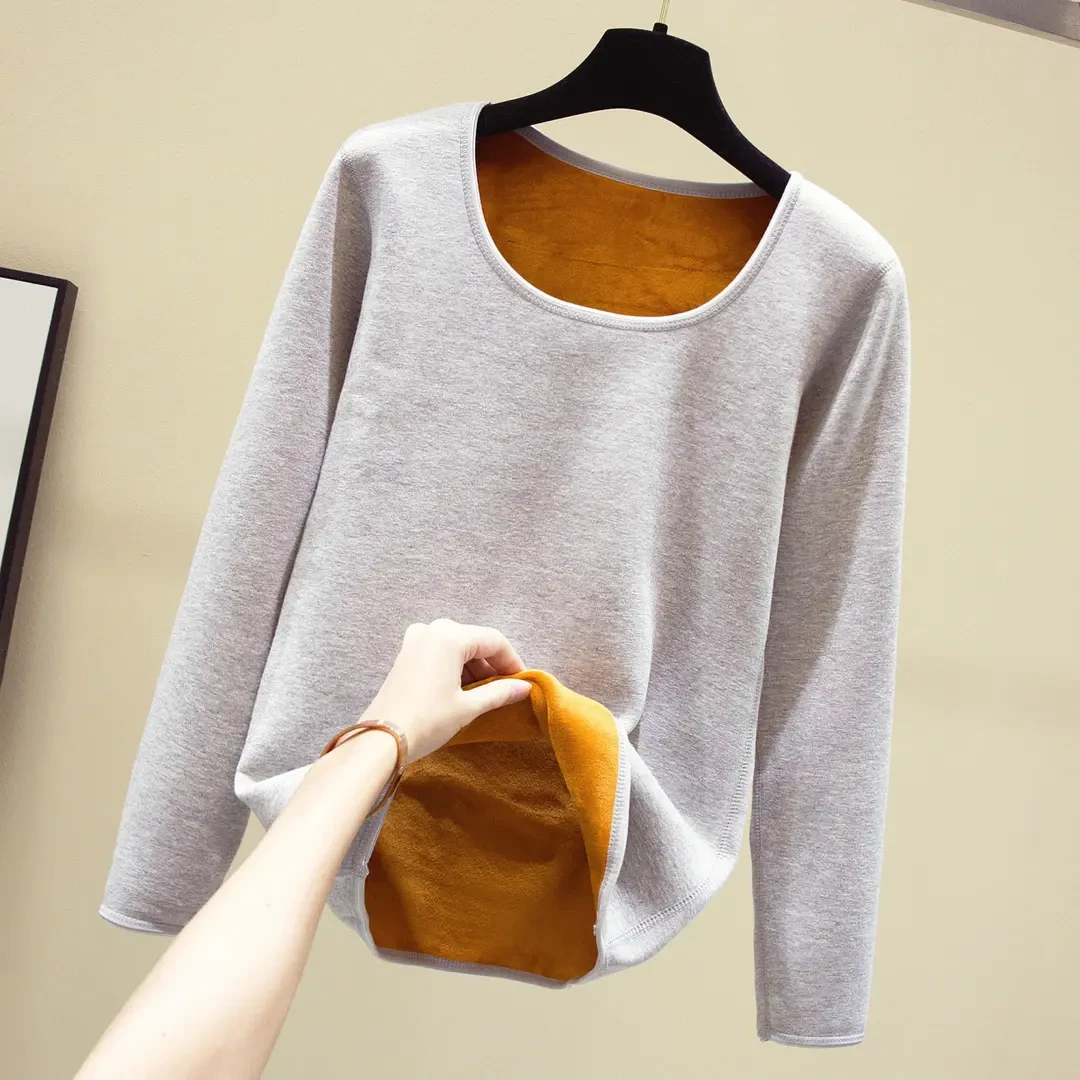 加绒加厚保暖内衣女士舒适一体绒打底冬季棉毛衫无缝贴身单件上衣
