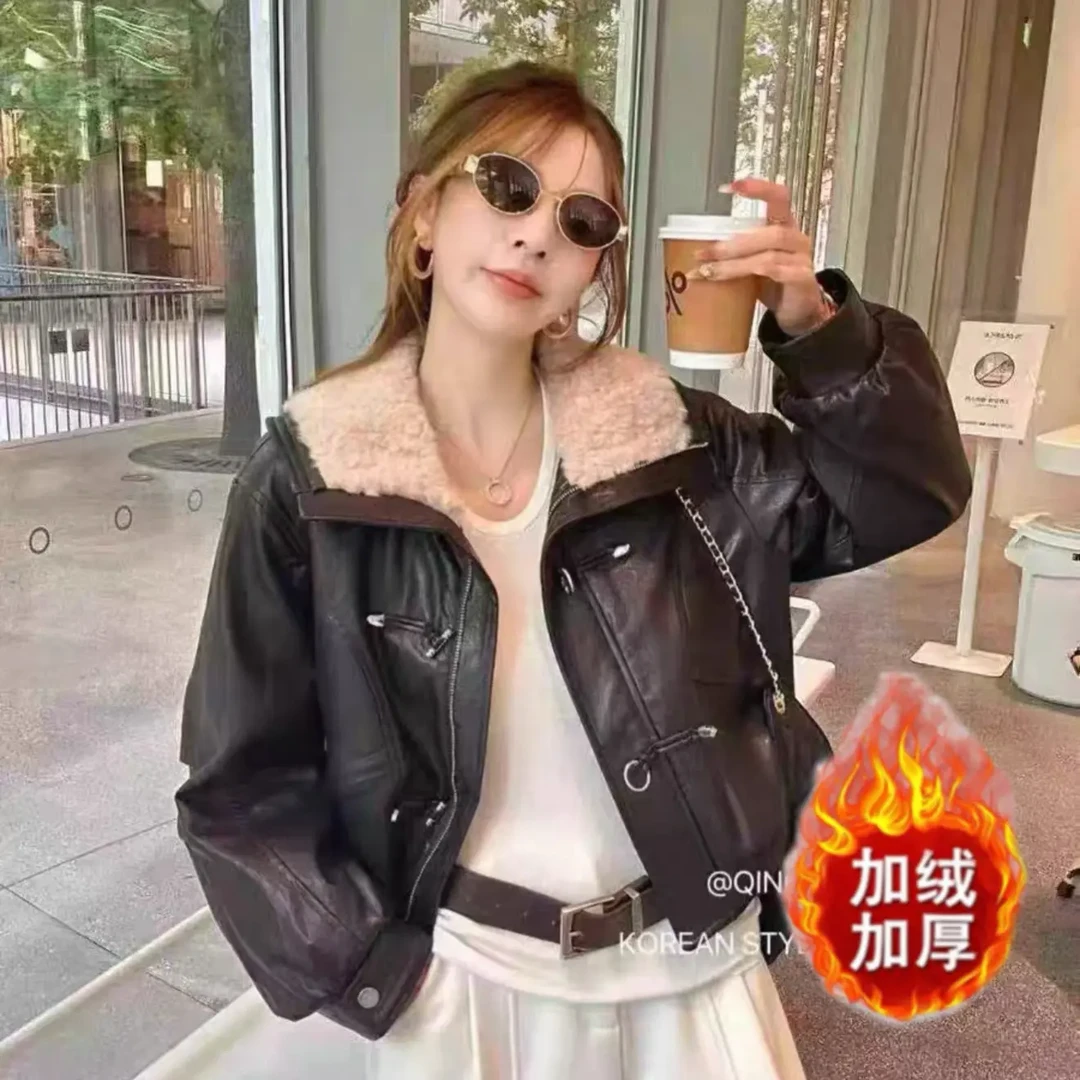 2025加绒加厚保暖冬季女士工装风翻领长袖皮衣常规秋冬