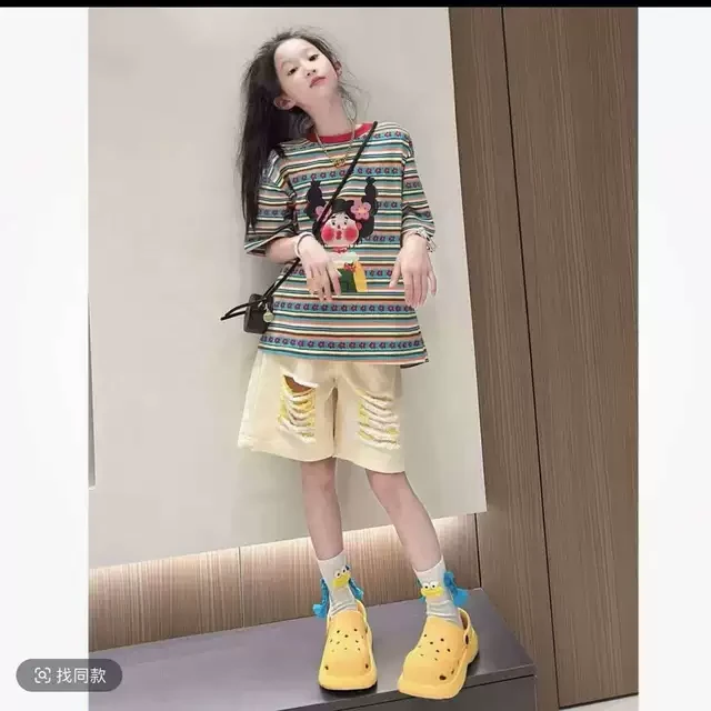 女童2025夏季新款时尚薄款百搭休闲宽松T恤牛仔破洞短裤两件套潮