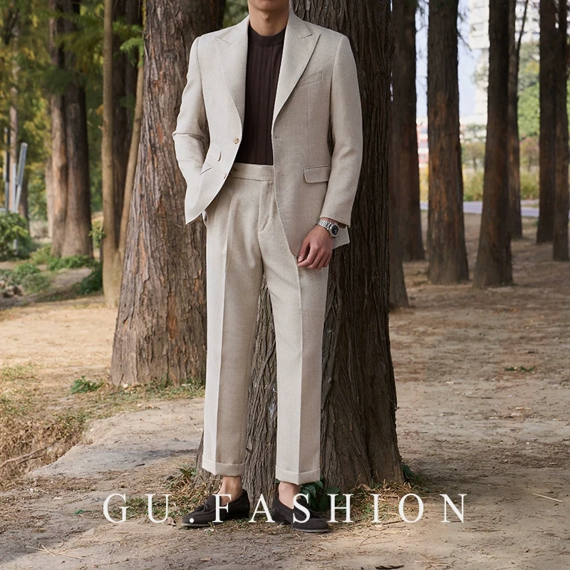 GU FASHION春秋轻薄卡其色西装套装单排扣编织纹宴会通勤男士西服