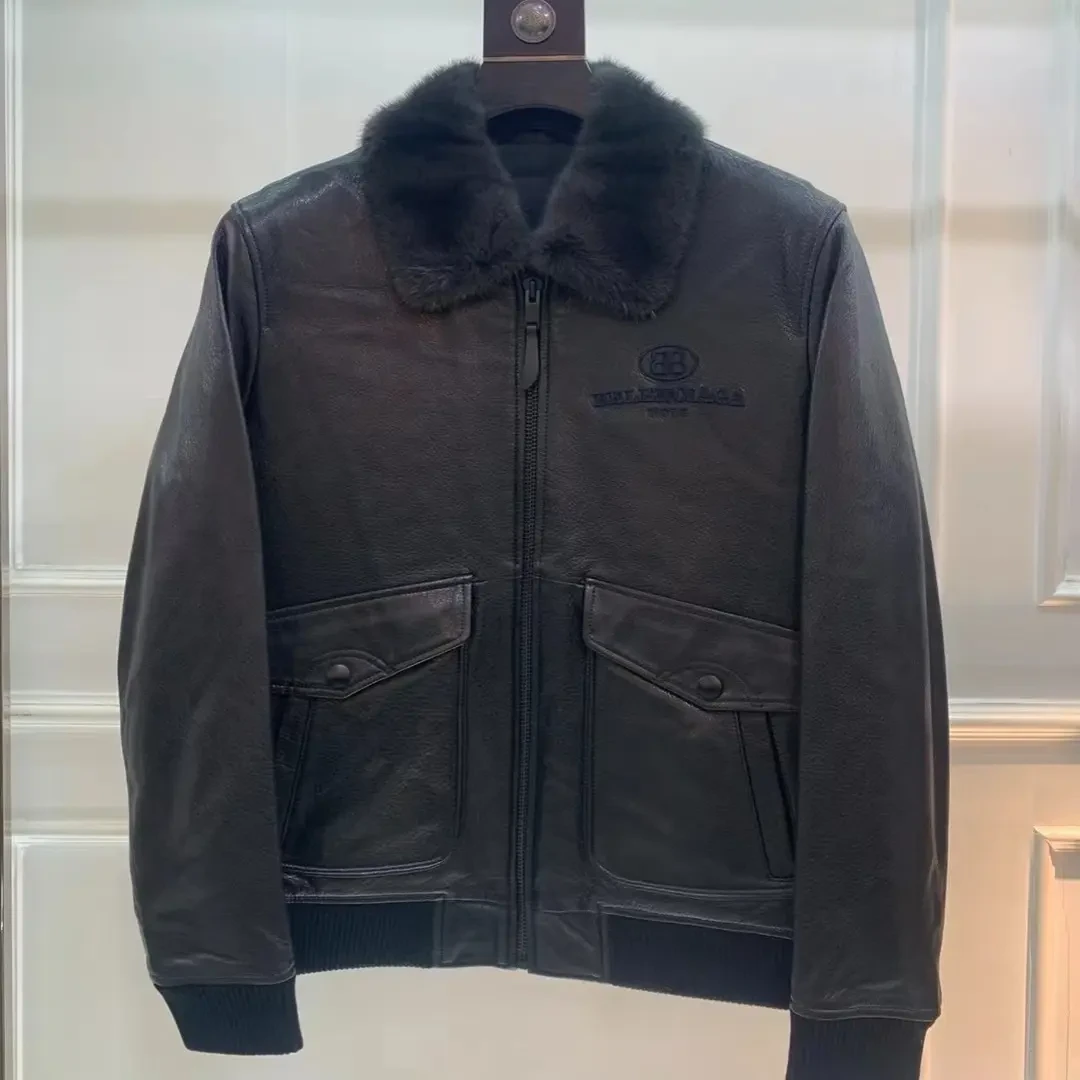 51717冬季美式复古貂毛领休闲绵羊皮男士皮羽绒