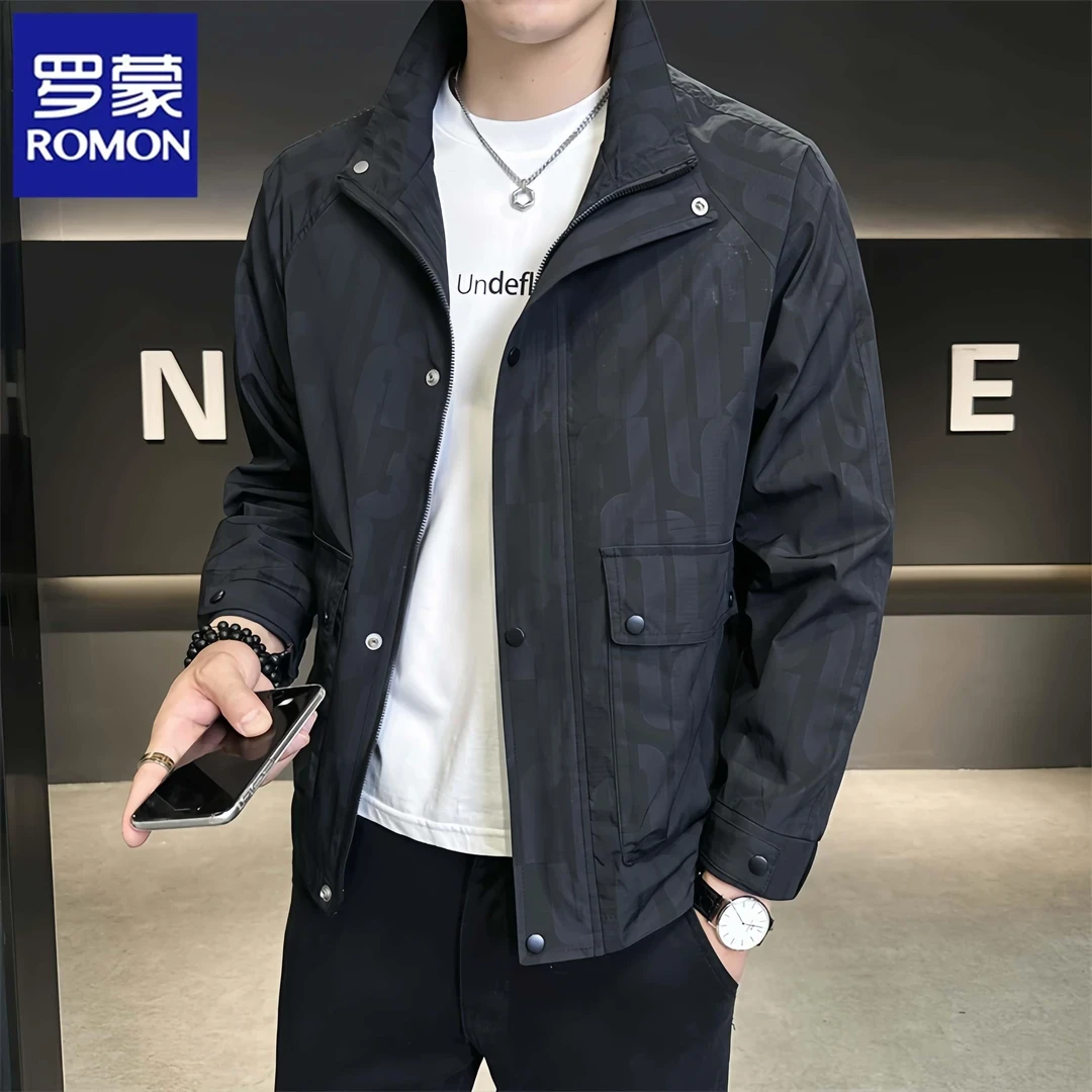 Romon/罗蒙新款立领帅气休闲男士外套暗花春秋季高端轻奢夹克工装