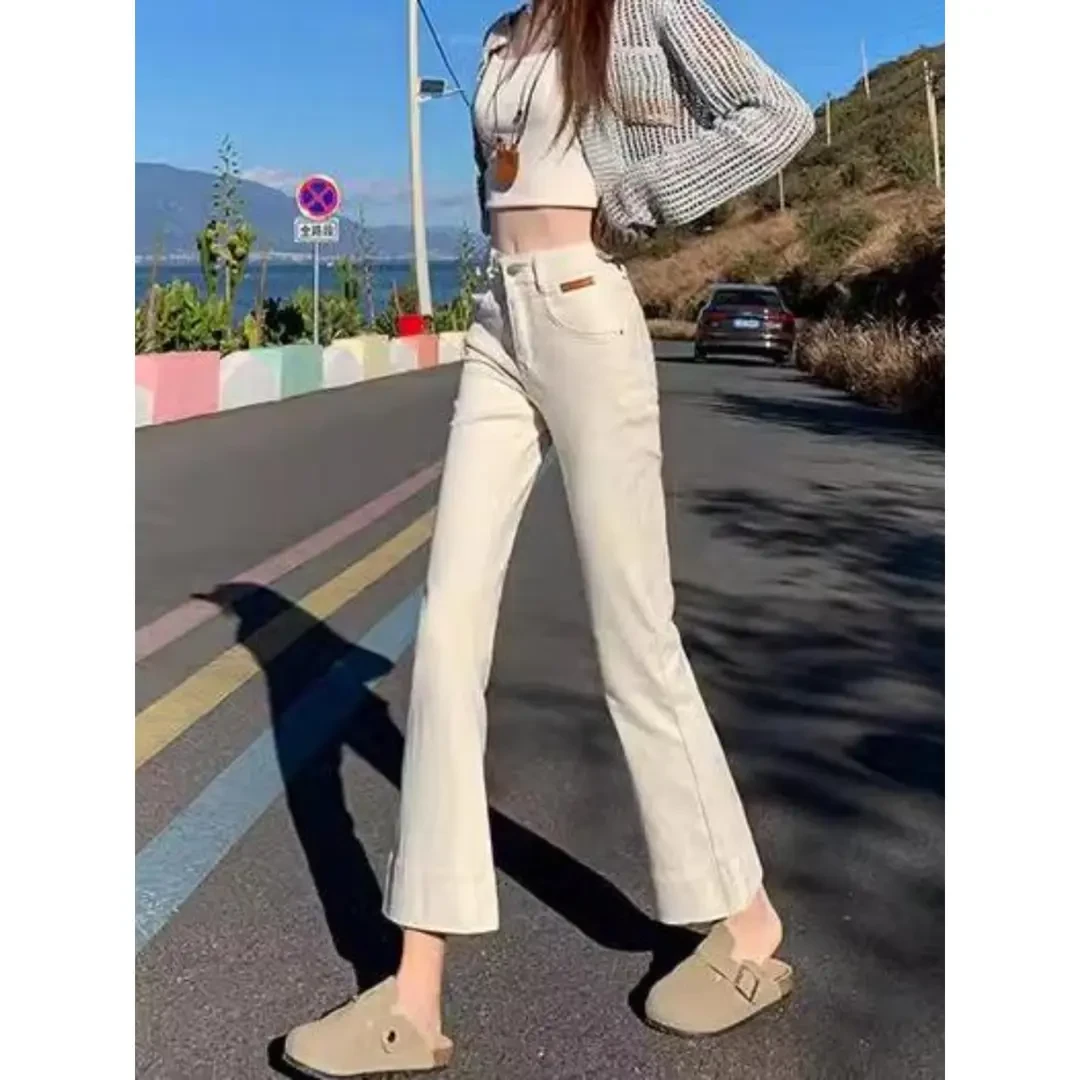 米白色九分小个子微喇牛仔裤女春季百搭高腰显瘦弹力八分喇叭裤女