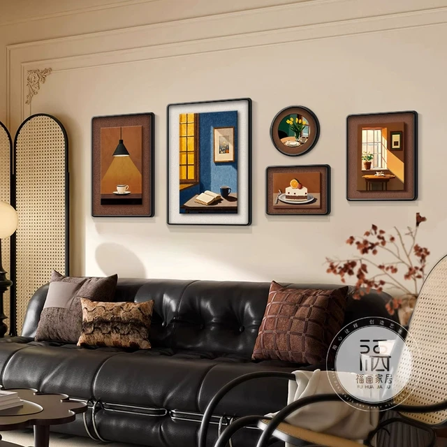 法式中古风沙发背景墙装饰画复古卡通客厅挂画美拉德小众组合壁画