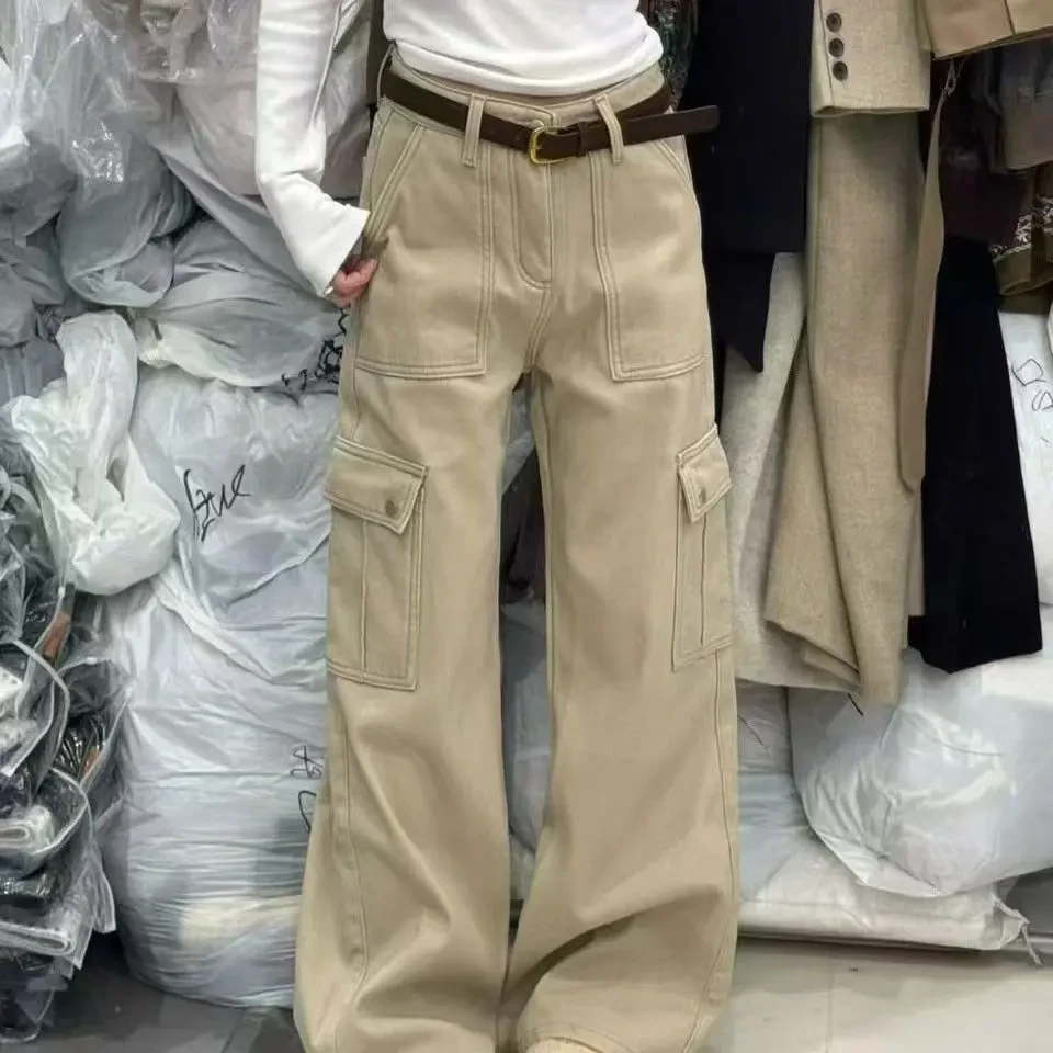卡其色工装风牛仔裤女秋季新款高腰显瘦多口袋垂坠感直筒长裤