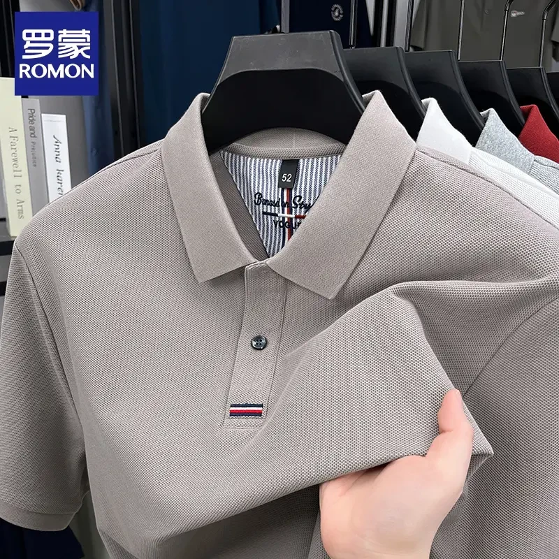 罗蒙100%纯棉男士短袖Polo衫夏季宽松简约纯色翻领半袖T恤上衣男