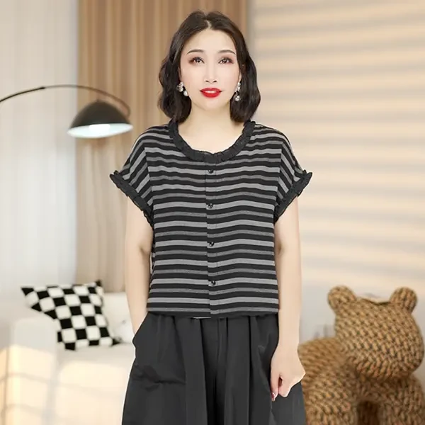 夏季新款时尚洋气荷叶边拼接冰感T恤气质休闲百搭减龄圆领上衣