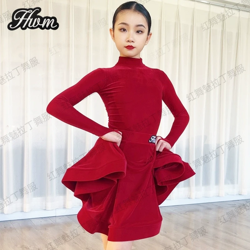 红舞魅女童拉丁舞比赛服秋冬新款长袖国标舞专业丝绒比赛规定舞服
