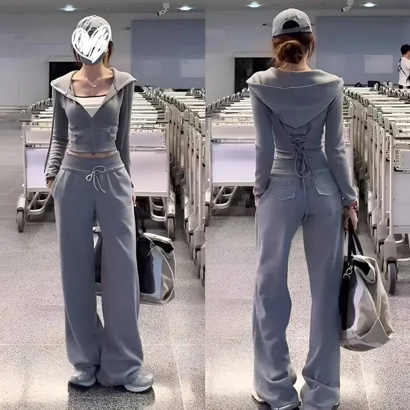 2025秋季新款韩版后背绑绳收腰连帽拉链开衫卫衣外套+卫裤两件套