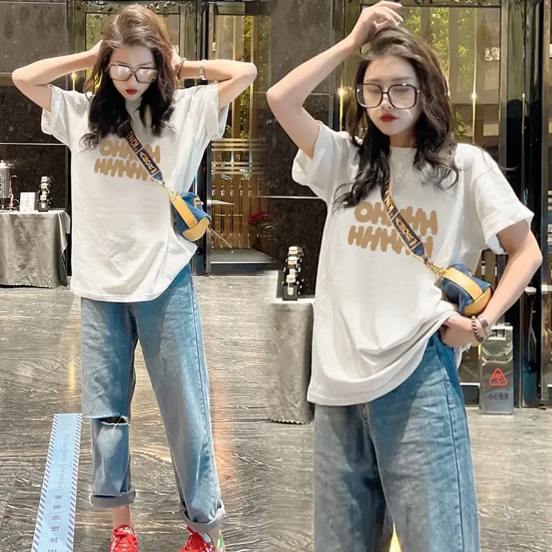 酒红色大码短袖T恤女新款宽松显瘦小众字母印花半袖纯棉t上衣