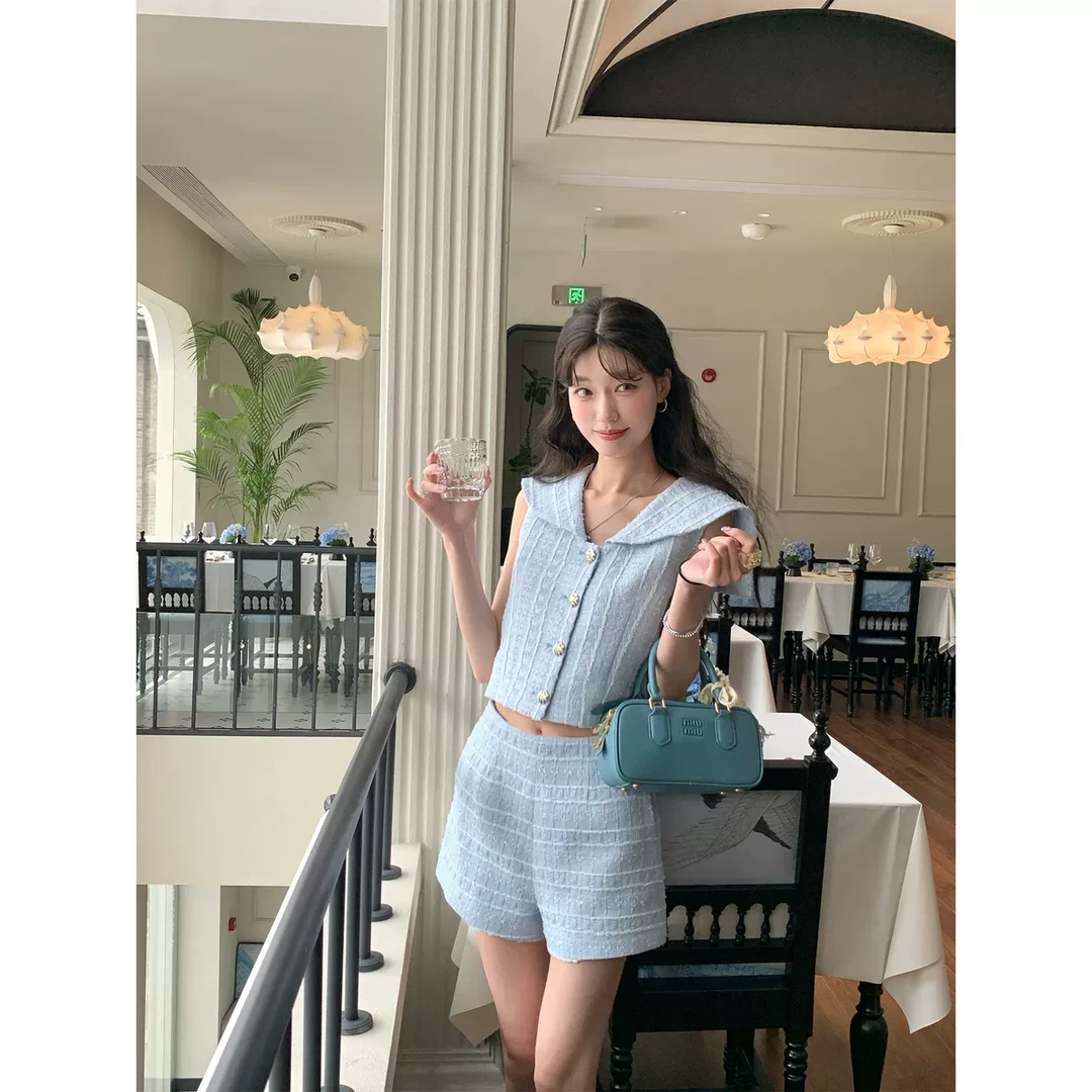 SourceWithU 薄荷茱莉 蓝色海军领小香气质上衣显瘦高腰阔腿短裤