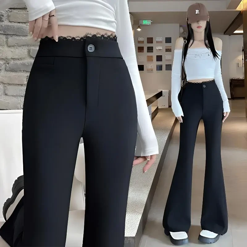 黑色蕾丝拼接西装微喇裤女2025春夏新款垂感高腰弹力显瘦阔腿裤子