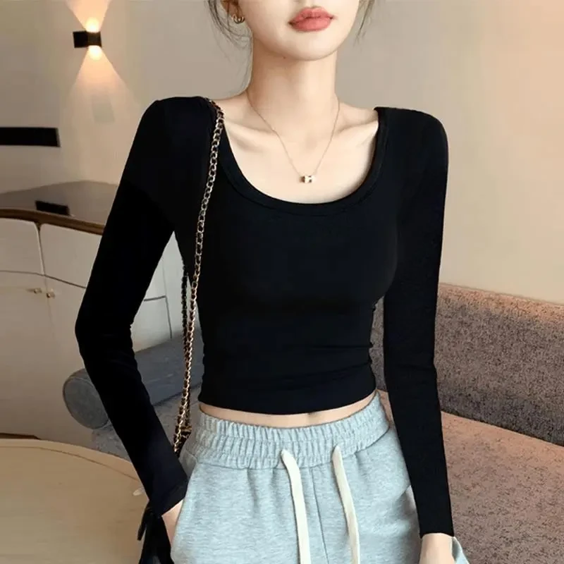 拉夏贝尔黑色U领短款打底衫内搭2025修身高腰露脐韩系纯色运动T恤