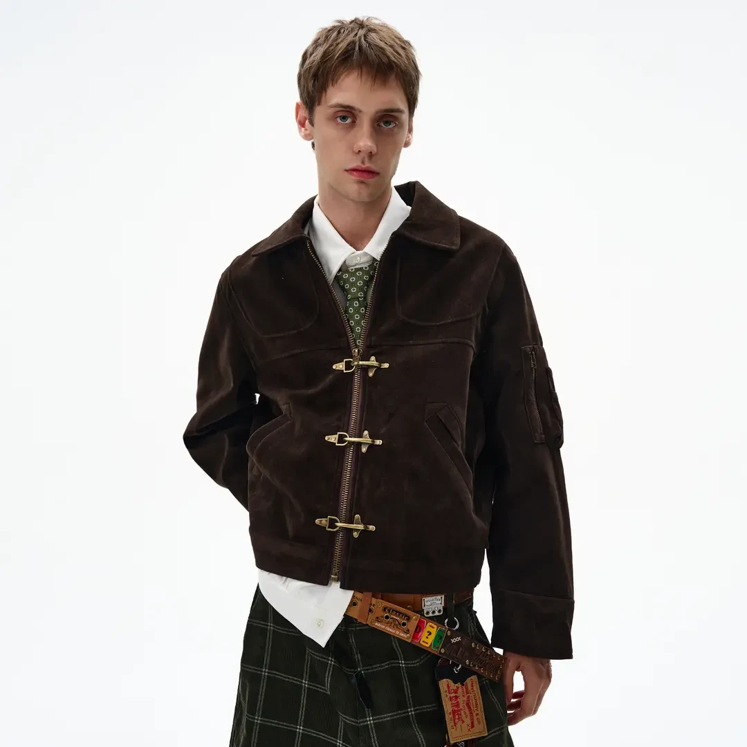 MAOWIFOH原创解构拼接飞机扣夹克男女复古做旧vintage短款外套ins