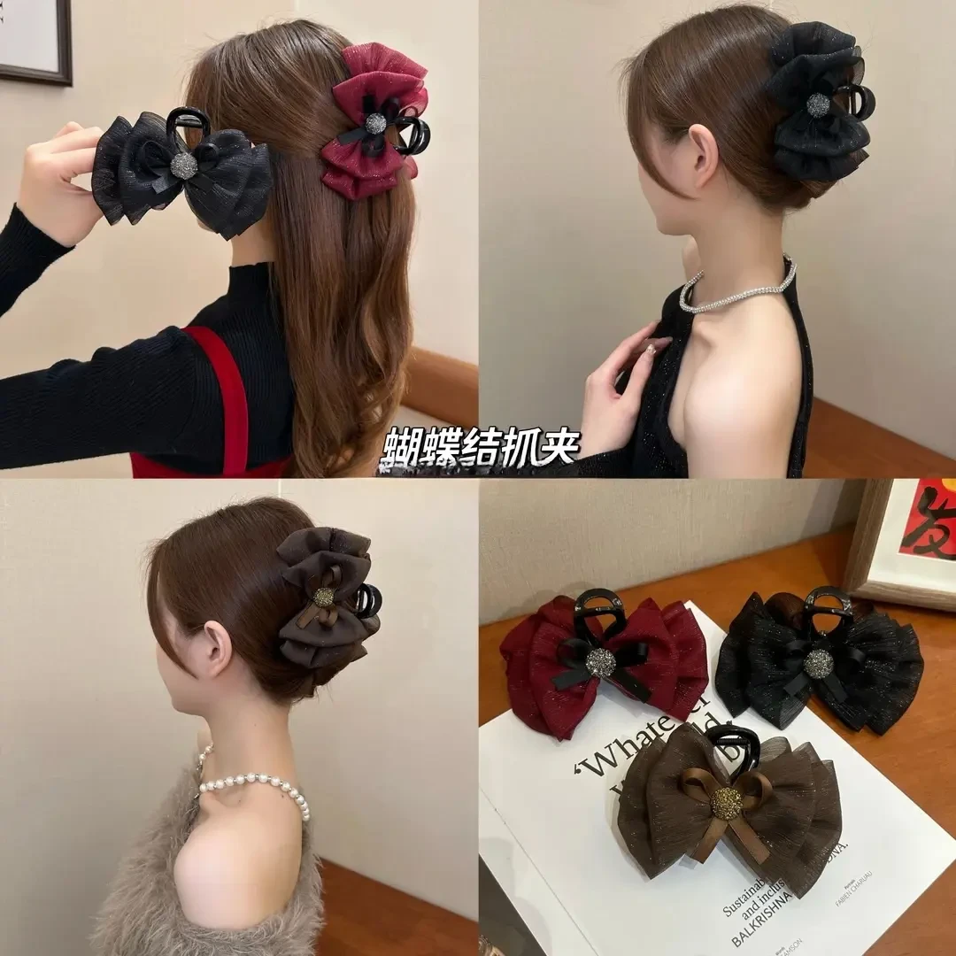 媛选秋冬新款气质百搭蝴蝶结泡泡夹浪漫温柔欧根纱设计款抓夹8cm