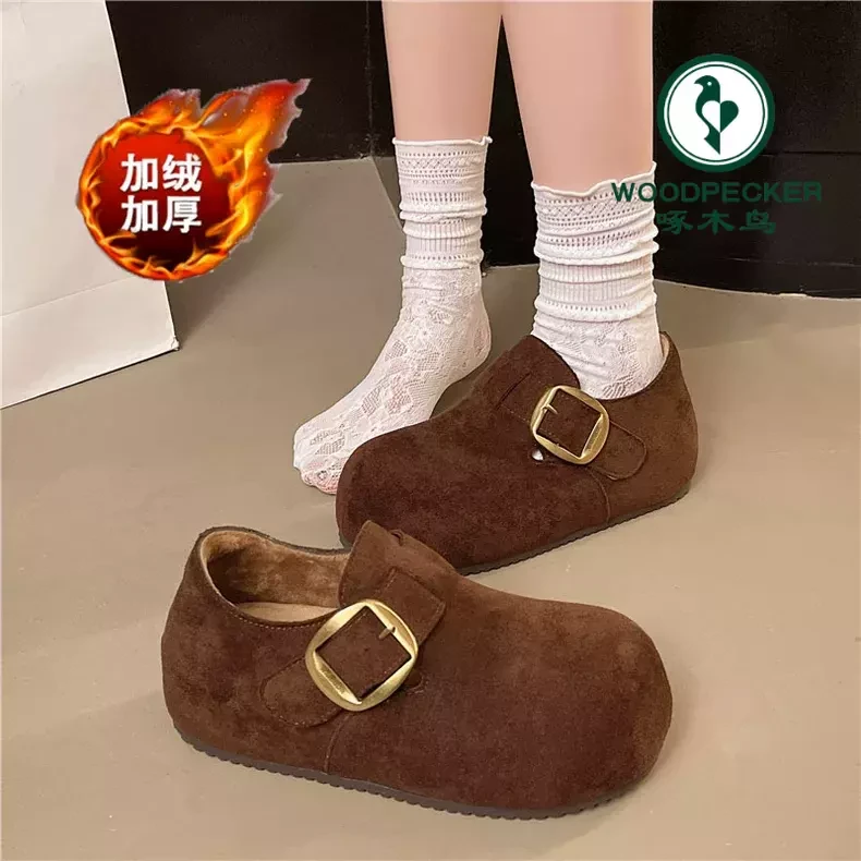 啄木鸟内增高勃肯鞋女冬季新款加绒保暖一脚厚底蹬棉鞋休闲豆豆鞋