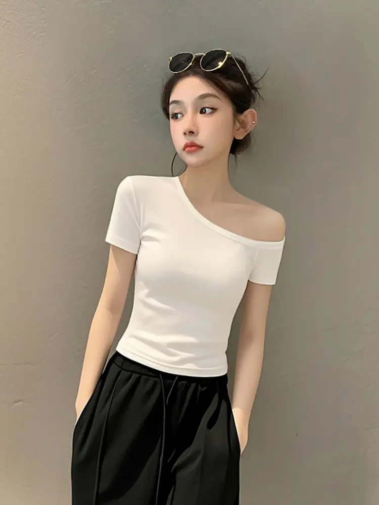 一字斜肩白色短袖t恤女春夏2025新款修身露肩打底衫百搭显瘦上衣