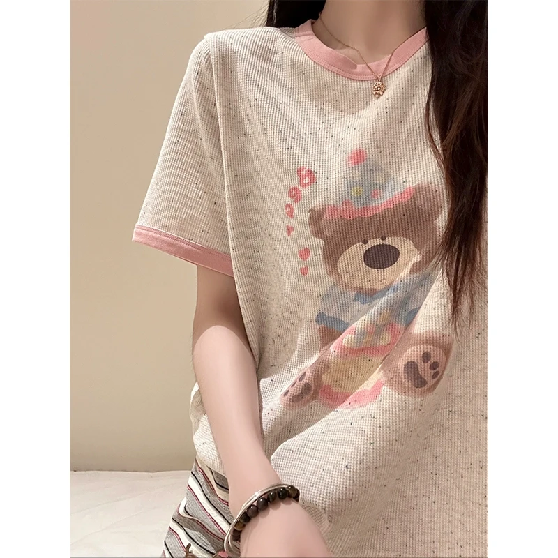 韩系可爱小熊短袖睡衣女夏季新款腊肠狗条纹短裤套装家居服可外穿