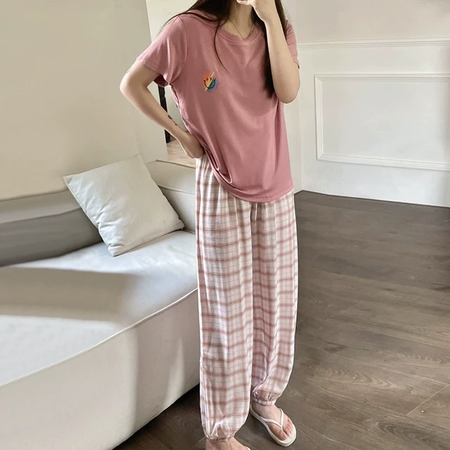 2025新款休闲带胸垫家居服女款夏季可外穿短袖长裤莫代尔睡衣套装