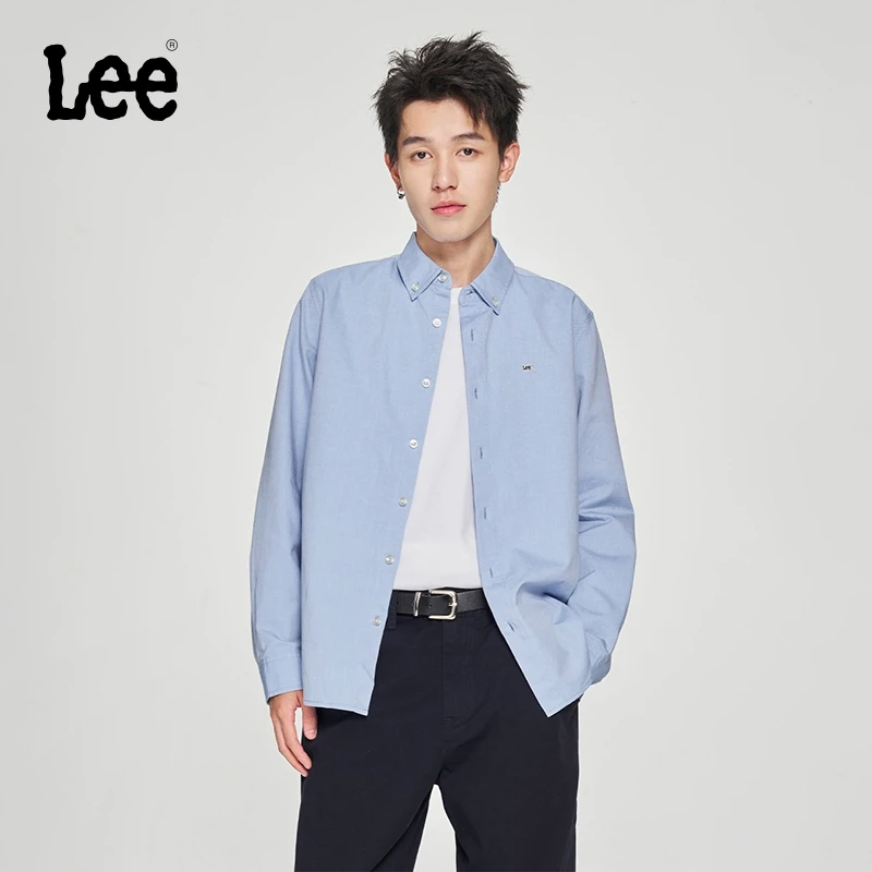Lee25早春标准版翻领Logo牛津蓝男长袖衬衫cleanfitLMT009793T12