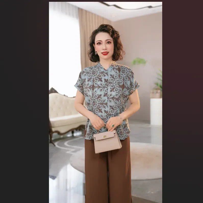 现货直发2025新款妈妈装夏季时尚气质中年女装宽松新中式小衫套装