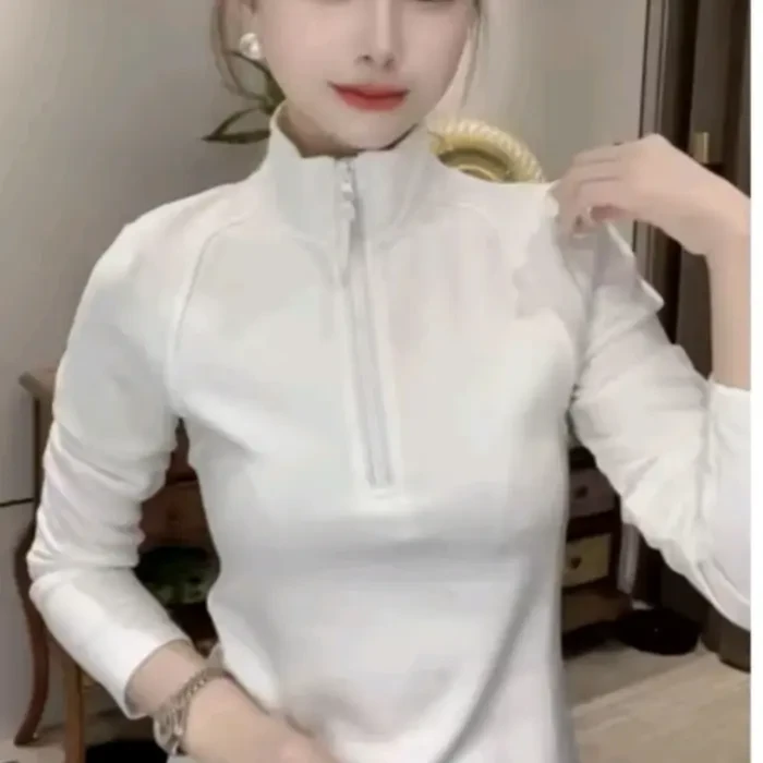 秋冬高级感慕斯保暖不起球气质显瘦立领长袖半拉链纯色长袖上衣女