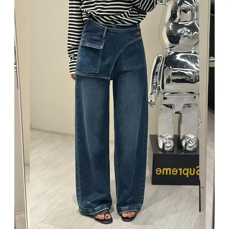 欧洲站2025秋季新款欧货时尚高腰显瘦百搭直筒屁帘阔腿牛仔裤女