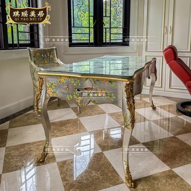 法式奢华实木雕花手工彩绘重工雕刻描金长餐桌组合欧式轻奢书桌椅