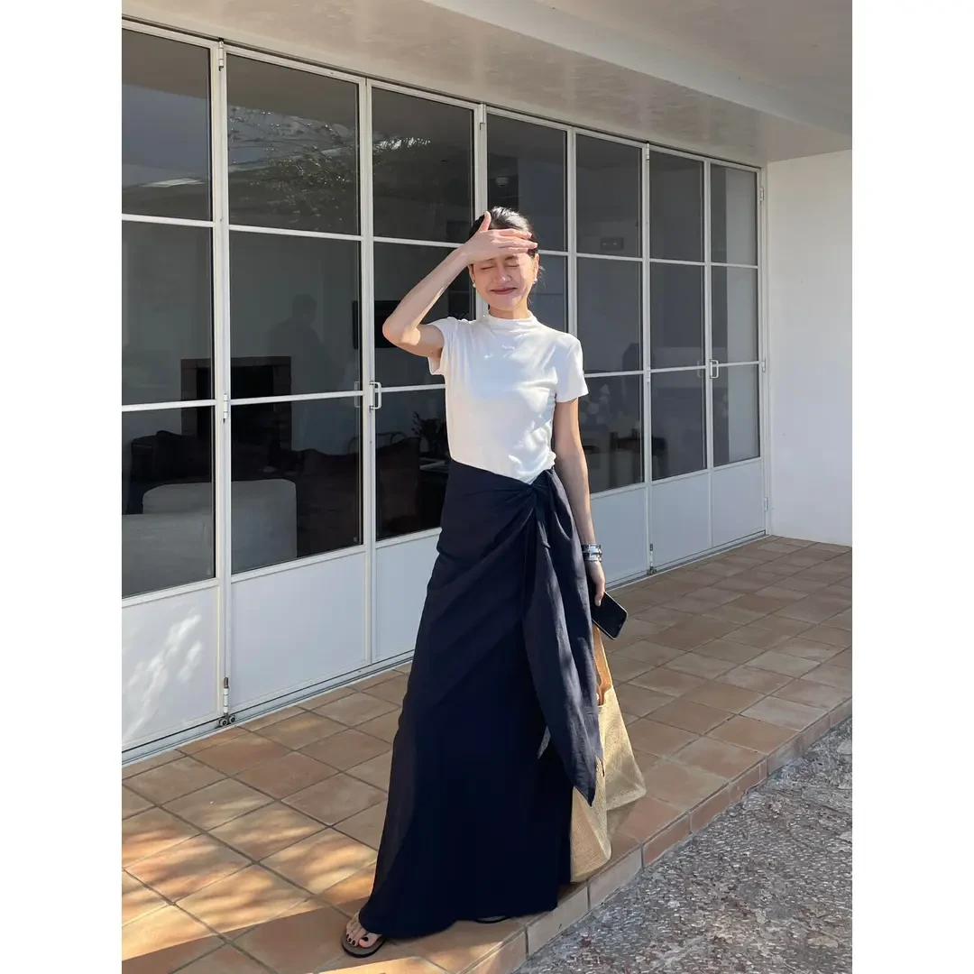 小众女装春季简约气质百搭小高领短袖T恤上衣系带收腰显瘦半身裙